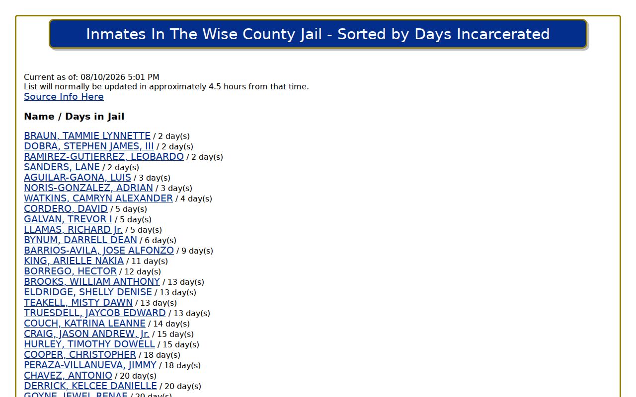 Official current Wise County jail list