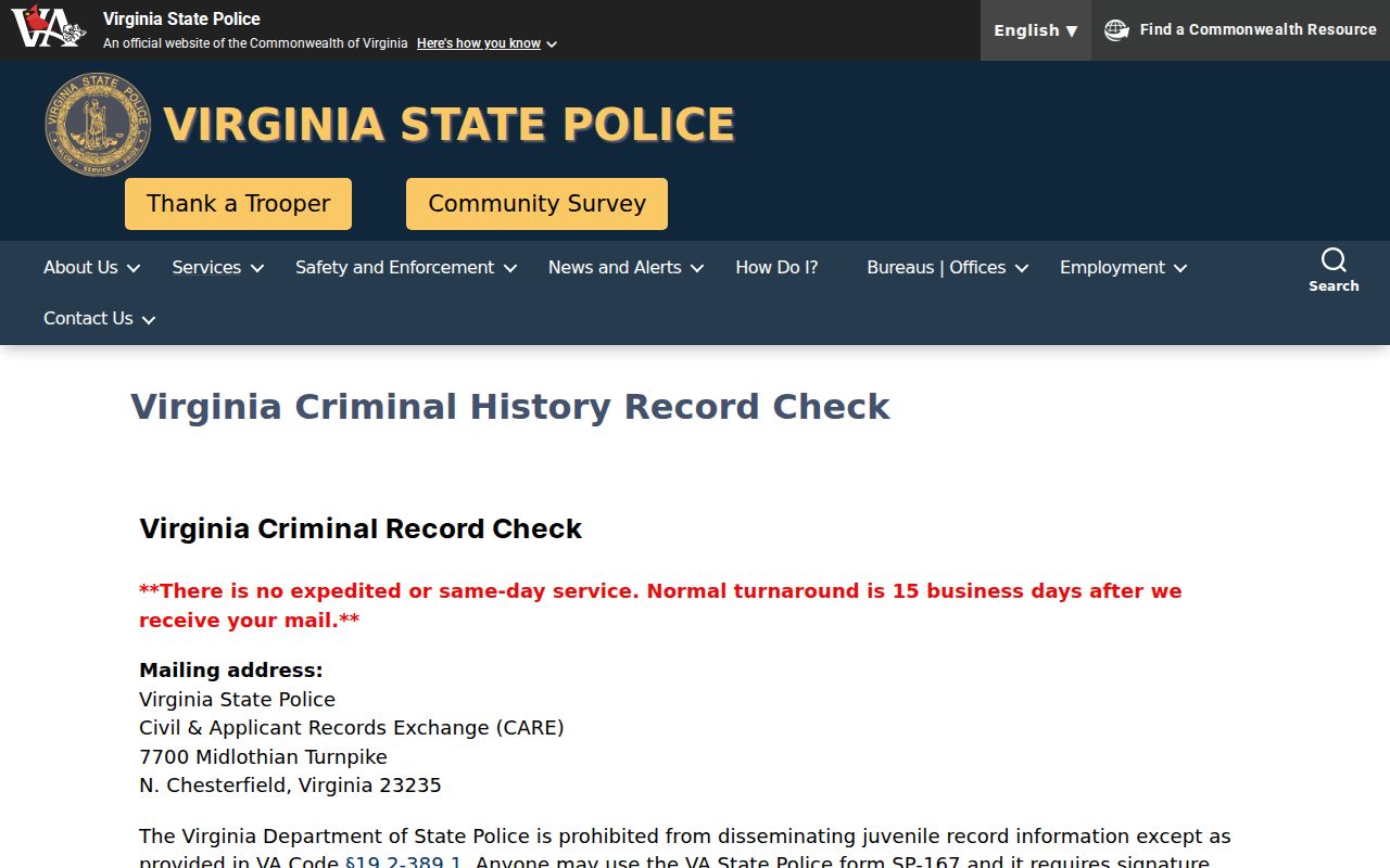 Virginia State Police criminal record check instructions