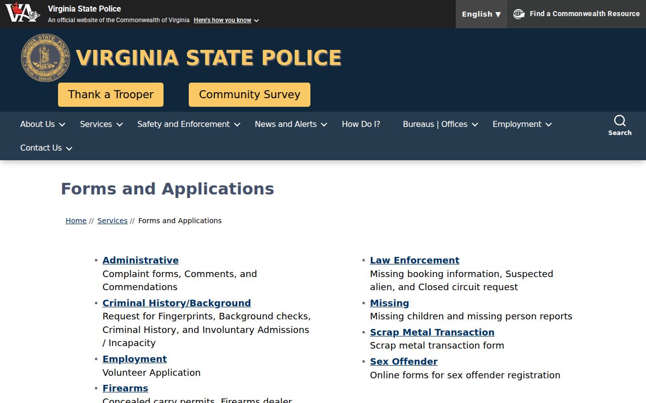 Virginia State Police criminal history and fingerprint forms